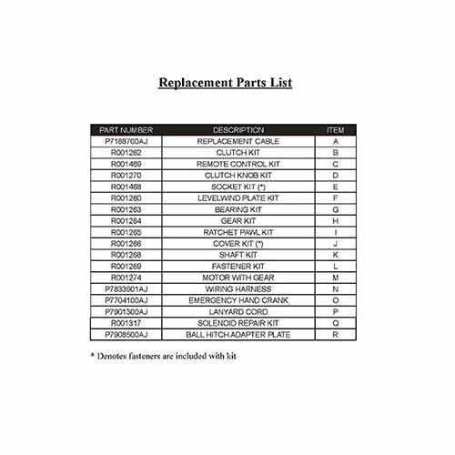 Powerwinch Model AP1500 Parts List and Diagram