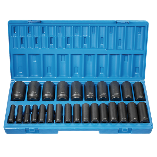 1726MD Grey Pneumatic 26 Pc 1/2" Dr 12 Pt Deep Length Metric Set