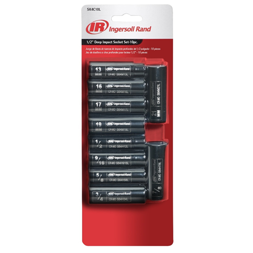 SK4C10LN Ingersoll Rand 1/2" Drive Hex Deep Metric & Sae Impact Socket Set, 10-Piece