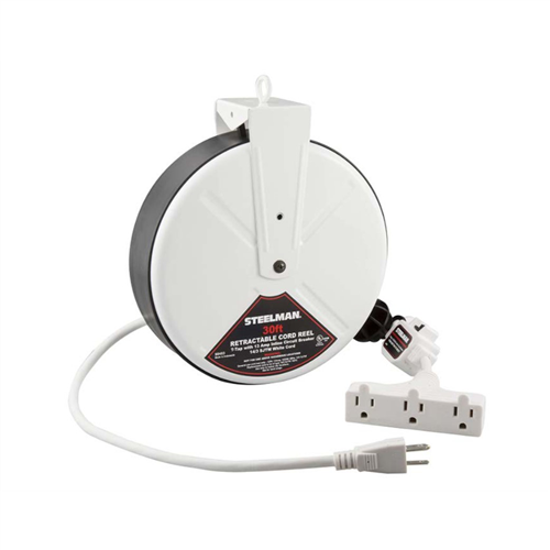 98483 Steelman Electric Reel, 30' Cord, White, 13 Amp T-Tap