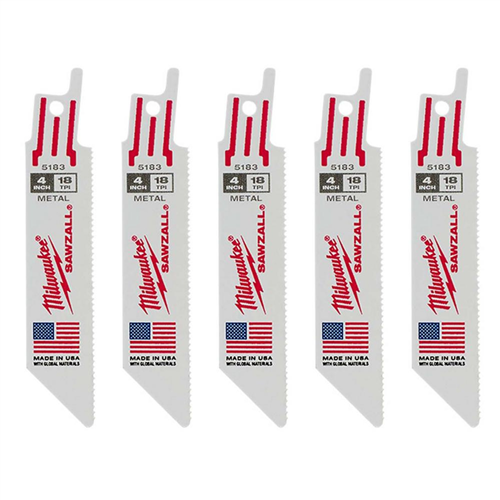 48-00-5183 Milwaukee Tool 5-Pk Of 4" 18 Tpi Medium Metal Cutting Sawzall Recip Saw Blades