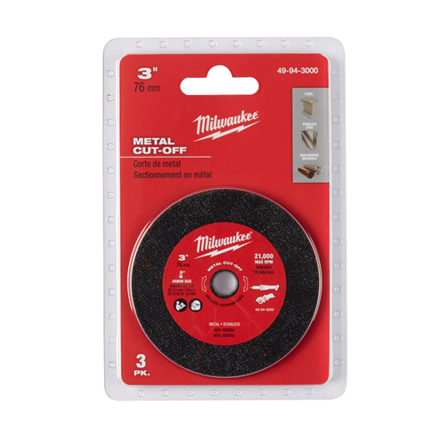 49-94-3000 Milwaukee Tool 3-Pk, 3" Metal Cut Off Wheel Max 20,000 Rpm