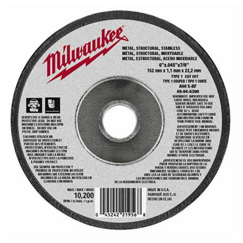 49-94-6300 Milwaukee Tool 25-Pk Of 6"X.045"X7/8" Type 1 Cut-Off Wheel (A60T)