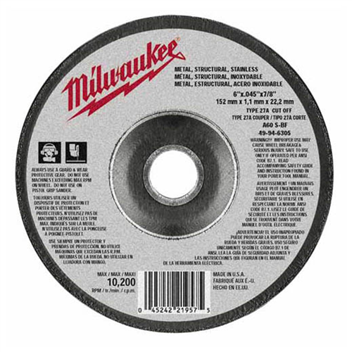 49-94-6305 Milwaukee Tool 6"X.045"X7/8" (Type 27) Cut-Off Wheel (A60T)