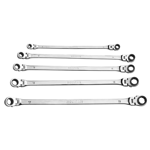 EX-PFFGBXZ-5PC Mountain Mountain 5-Piece Metric Double Box Universal Spline Reversible Ratcheting Wrench Set; 8 Mm - 18Mm, 90 Tooth Design, Long, Flexible, Reversible