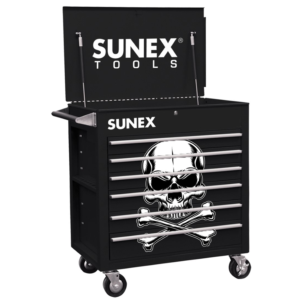 8057-BLKS Sunex 6 Full-Drawer Professional Cart, Black W/White Skull