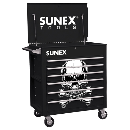 8057-BLKS Sunex 6 Full-Drawer Professional Cart, Black W/White Skull