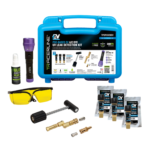 Mini-EZ&trade; POE-Based EV A/C Leak Detection Kit includes (3) 0.25 oz (7 ml) single-dose EV A/C dye cartridges, TPOPUV OPTI-PRO UV flashlight, R-134a coupler, R-1234yf adapter, GLO-AWAY&trade; Plus, glasses, and medium blue carrying case (CE, UKCA)