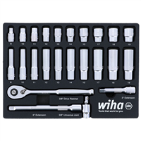 33795  Set Includes - 10 Standard Sockets 8 - 19mm | 10 Deep Sockets 8 - 19mm | 3/8” Drive Ratchet 72 Tooth | 3/8” Drive Extension Bars 3”, 6” | 3/8” Drive Universal Joint