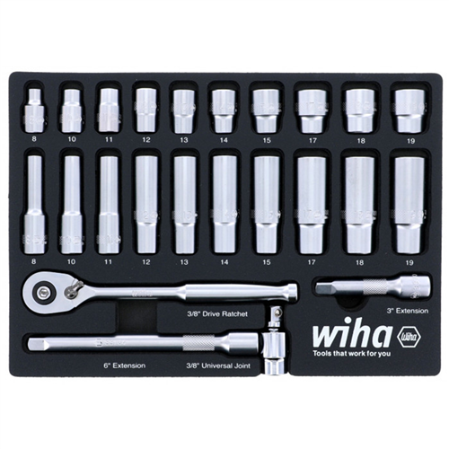 33795  Set Includes - 10 Standard Sockets 8 - 19mm | 10 Deep Sockets 8 - 19mm | 3/8” Drive Ratchet 72 Tooth | 3/8” Drive Extension Bars 3”, 6” | 3/8” Drive Universal Joint