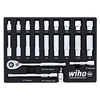 33796  Set Includes - 9 Standard Sockets 1/4” - 3/4” | 9 Deep Sockets 1/4” - 3/4” | 3/8” Dr. Ratchet 72 Tooth | 3/8” Dr. Extension Bars 3”, 6” | 3/8” Dr. Universal Joint