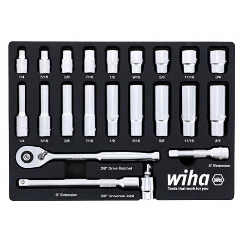 33796  Set Includes - 9 Standard Sockets 1/4” - 3/4” | 9 Deep Sockets 1/4” - 3/4” | 3/8” Dr. Ratchet 72 Tooth | 3/8” Dr. Extension Bars 3”, 6” | 3/8” Dr. Universal Joint